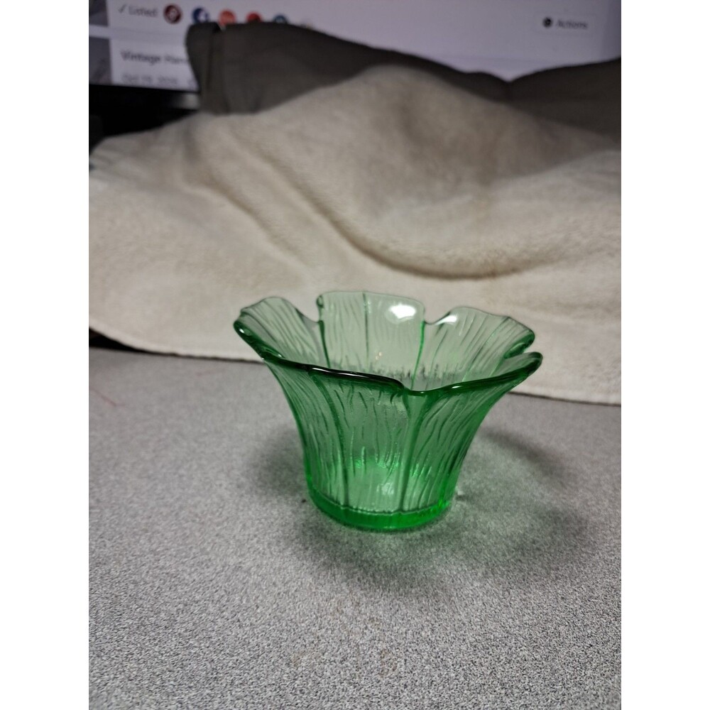 Vintage Green Glass Flower- Or Tulip-Shaped Tea Light And Votive Candle Holder